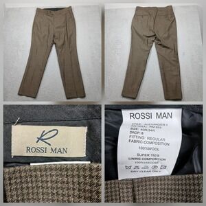 Rossi Man Wool Dress Pants Mens 40R x34 Brown Check Super‎ 150s